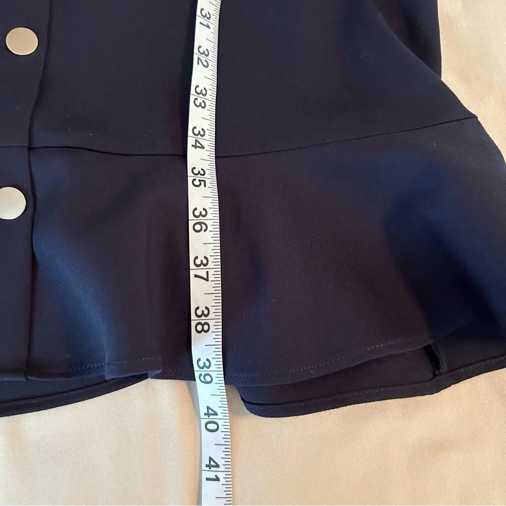 Loft Womens 14 Navy Blue Gold Button Front Zip Back Sleeveless Ruffle Hem Dress - Picture 10 of 10
